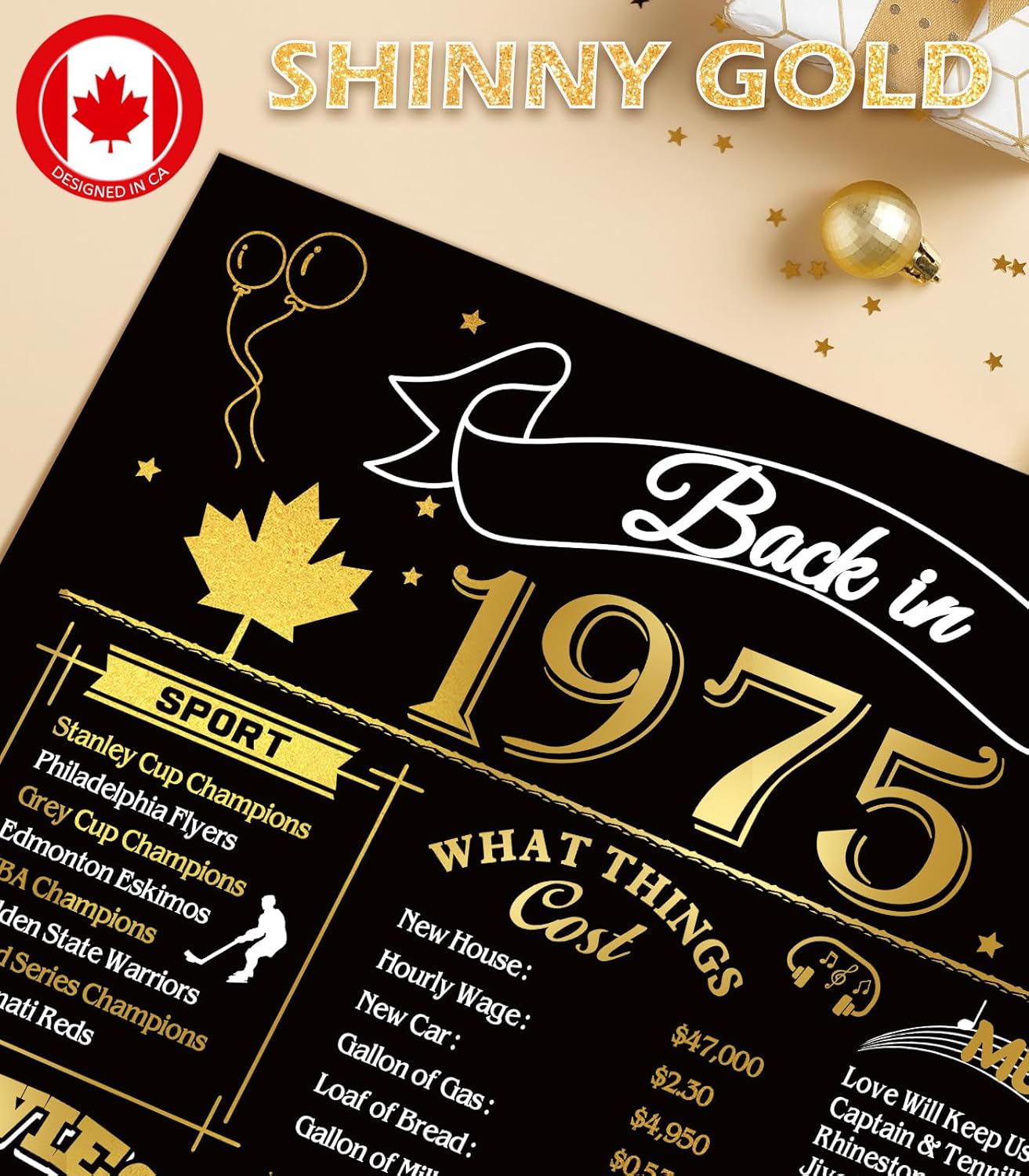 50th Birthday Card, Jumbo CANADA 25x20cm Back in 1975, Gilding Happy 50th Birthday Decoration for Woman, Men, Funny 50 Birthday Gifts for Wife, Husband, Him, Her, Mom