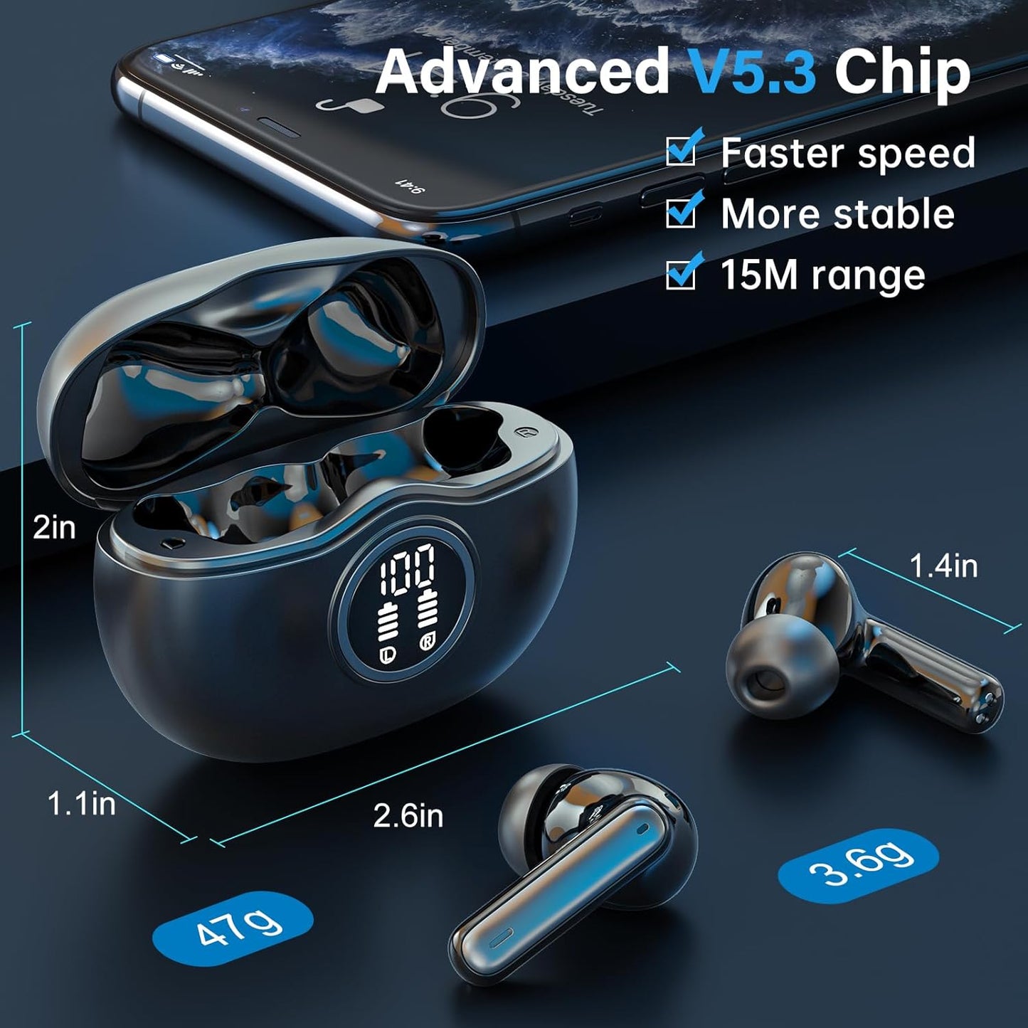 Sisism A10 Pro Wireless Earbuds, Bluetooth 5.3 Headphones HiFi Stereo 40H Playback LED Digital Display Ear Buds with ENC Noise Canceling Headset, IPX7 Waterproof Earphones for Gym/Running/Work Black