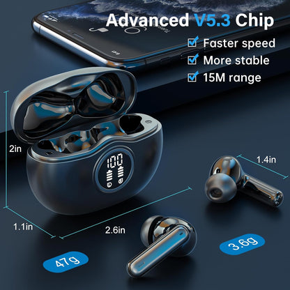 Sisism A10 Pro Wireless Earbuds, Bluetooth 5.3 Headphones HiFi Stereo 40H Playback LED Digital Display Ear Buds with ENC Noise Canceling Headset, IPX7 Waterproof Earphones for Gym/Running/Work Black