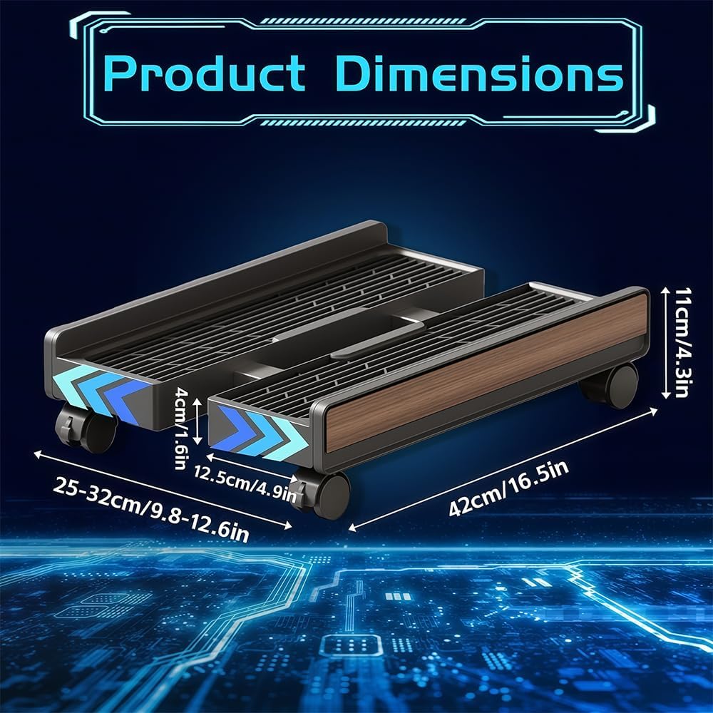 Adjustable Mobile CPU Stand with 4 Caster Wheels, Ventilated Computer Tower Stand, PC Cart Holder for Floor, Computer Desktop Stand for Office, Gamers and Students (ack Wood Grain)