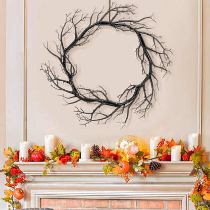MAGICLULU Black Twig Wreath, 16.5 in Artificial Branch Wreath for Door, Halloween Simulated Twig Garland for Home Decor