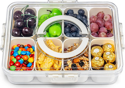 Pure Future Snackle Box Container with Handle - 8 Compartment Divided Serving Tray with Lid - Crystal Clear Charcuterie Box for Travel, Parties, Movie Nights & Daily Snacks (Hand Wash Only)