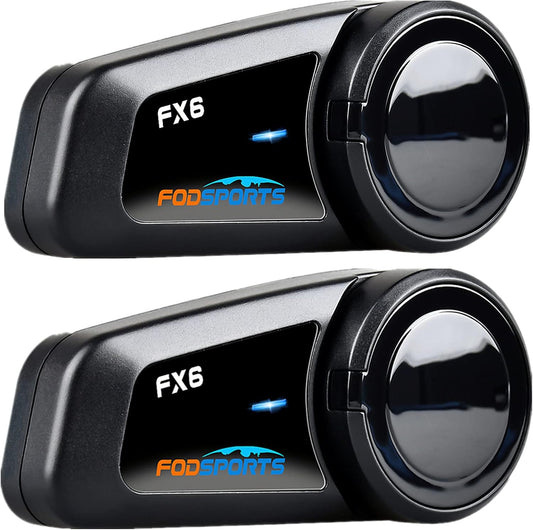 Fodsports FX6 Motorcycle Bluetooth Headset – 6 Riders Group Intercom 1000m Range, Helmet Communication System with Noise Cancellation, Voice Dial & Ride-While-Charging (2 Pack)