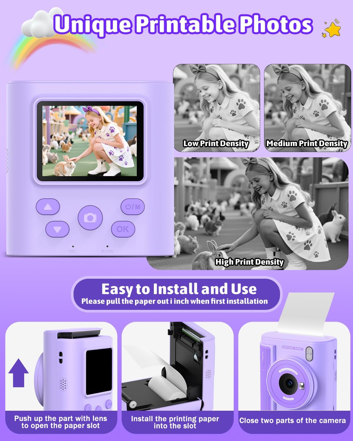 Mgaolo Kids Camera with Instant Print, Thermal Printing Digital Camera Gift for 3-12 Years Old Children, Safe Ink-Free Design, Toy for Creativity & Learning (Black)