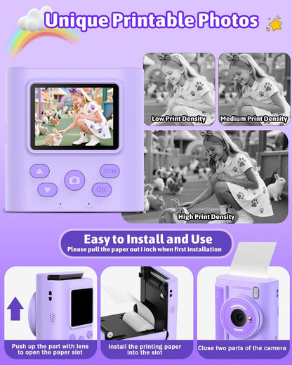 Mgaolo Kids Camera with Instant Print, Thermal Printing Digital Camera Gift for 3-12 Years Old Children, Safe Ink-Free Design, Toy for Creativity & Learning (Black)