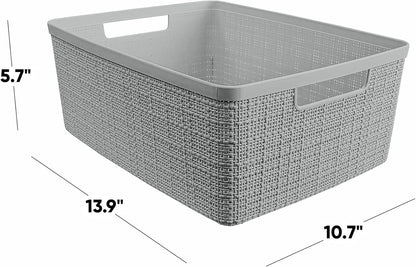 Decorative Jute-Look Plastic Storage Baskets Set of 6 – Rectangular Resin Organizer Bins with Handles for Home Office, Closet, Kitchen Pantry, Bedroom, and Laundry - PuriLite
