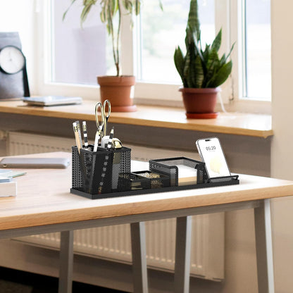 SUPEASY Desk Organizers and Accessories for Office Supplies Organization with 6 Compartments, Desk Organizer with Phone Holder, Pen Holder, Sticky Note Tray, Black