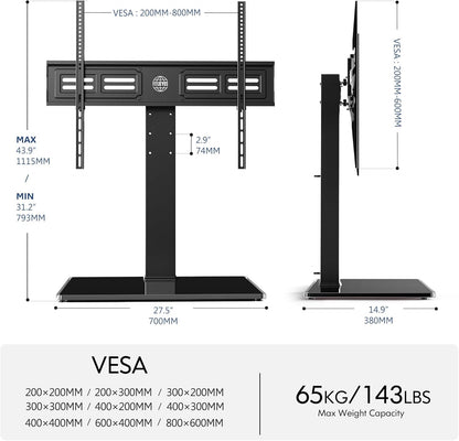 FITUEYES Universal TV Stand for 50-85 inch TVs | 44 Inch Tall Table Top TV Stand with 80° Swivel | Holds up to 143lbs | Max VESA 800x600mm | for Living Room