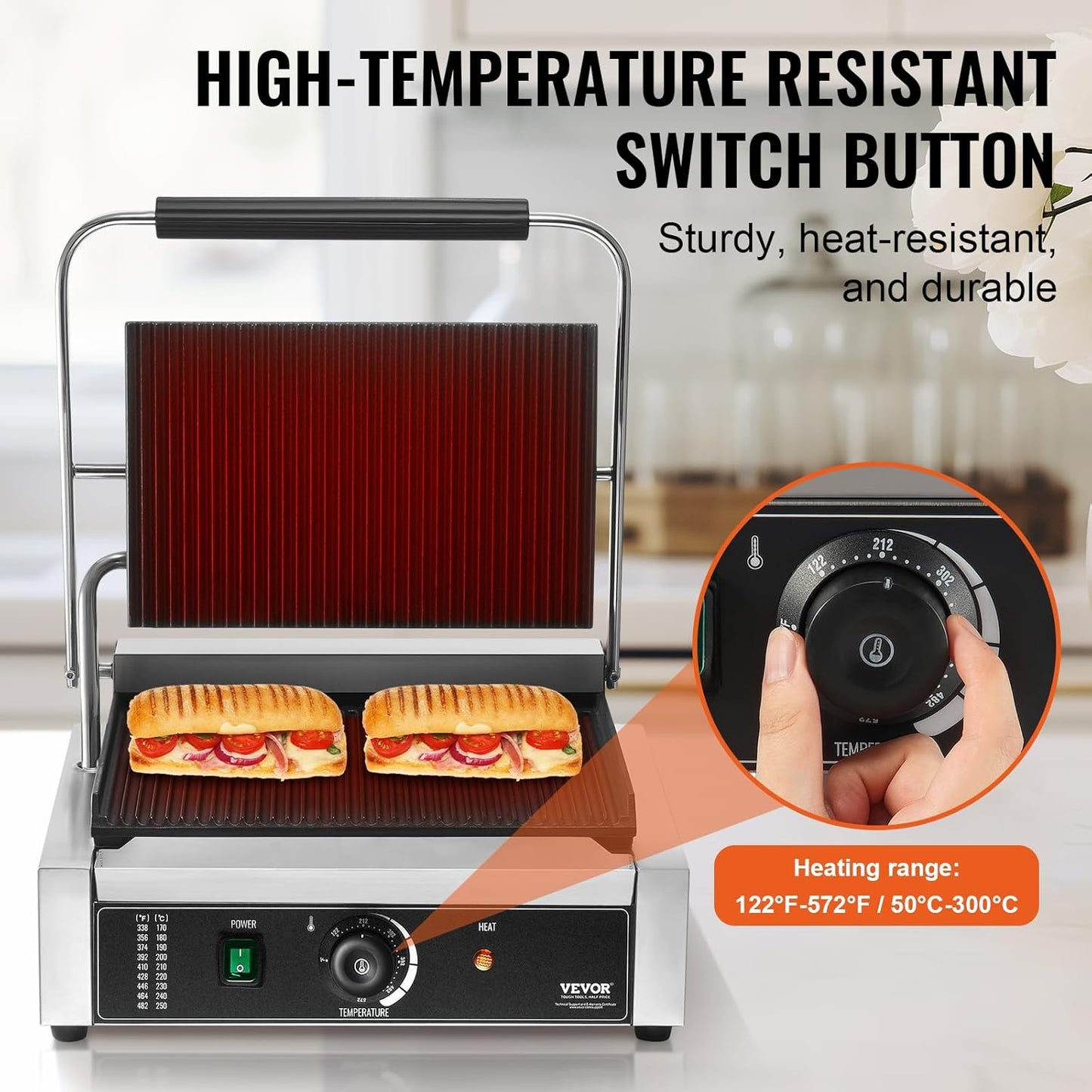 VEVOR 7 IN 1 Electric Contact Grill,1800W Indoor Panini Press Griddle,Stainless Steel Teppanyaki Grill with Nonstick&Removable Iron Plate, 0-446℉ Adjustable Temp Control,LCD Display,110V