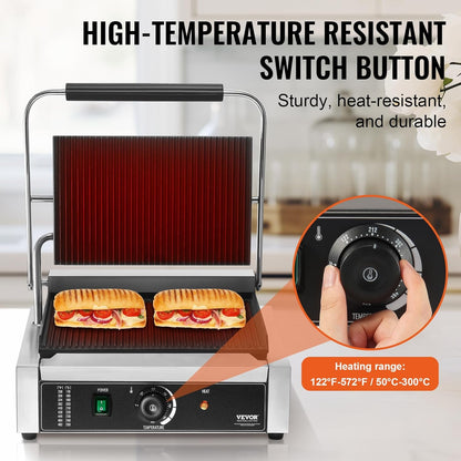 VEVOR 7 IN 1 Electric Contact Grill,1800W Indoor Panini Press Griddle,Stainless Steel Teppanyaki Grill with Nonstick&Removable Iron Plate, 0-446℉ Adjustable Temp Control,LCD Display,110V
