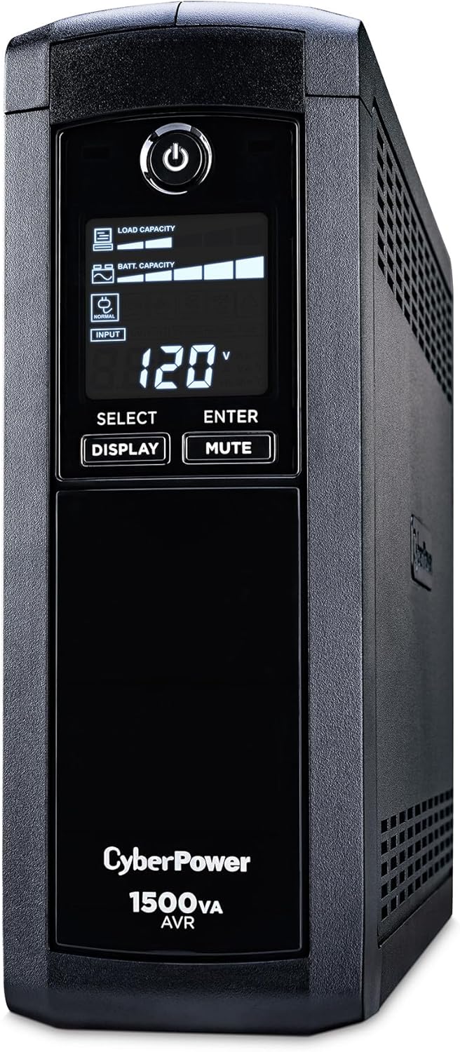 CyberPower CP1500AVRLCD3 Intelligent LCD UPS System, 1500VA/900W, 12 Outlets, 2 USB Ports, AVR, Mini Tower, Black