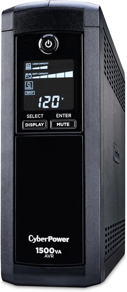 CyberPower CP1500AVRLCD3 Intelligent LCD UPS System, 1500VA/900W, 12 Outlets, 2 USB Ports, AVR, Mini Tower, Black