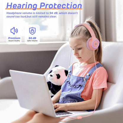 INFURTURE Kids Headphones for School Travel, 94dB Safe Volume Limited, HD Mic Stereo Sound Over-Ear Girls Boys Headphones for Kid, Foldable 3.5mm and USB-C Wired Headphones for iPad Computer