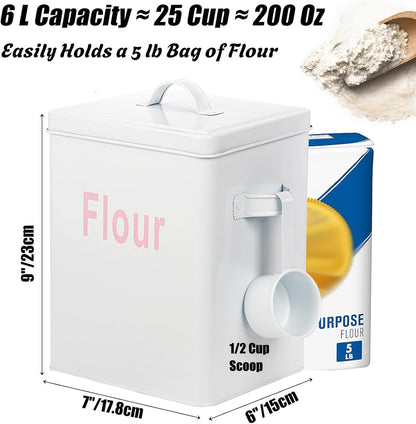 YOUEON 10 Lbs Metal Rice Storage Container, Square Rice Canister with Lid and Measuring Scoop, Countertop Sealed Food Storage Container for Cereal, Beans, Pet Food, White