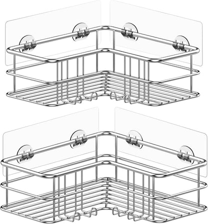 Menbyci 2 Pack Corner Shower Caddy, Adhesive Bathroom Shelf with 8 Hooks, Rustproof Stainless Steel Bathroom Organizer, No Drilling Shower Shelves Basket Wall Storage Rack Shampoo Holder (Silver)