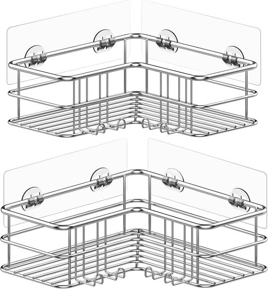 Menbyci 2 Pack Corner Shower Caddy, Adhesive Bathroom Shelf with 8 Hooks, Rustproof Stainless Steel Bathroom Organizer, No Drilling Shower Shelves Basket Wall Storage Rack Shampoo Holder (Silver)