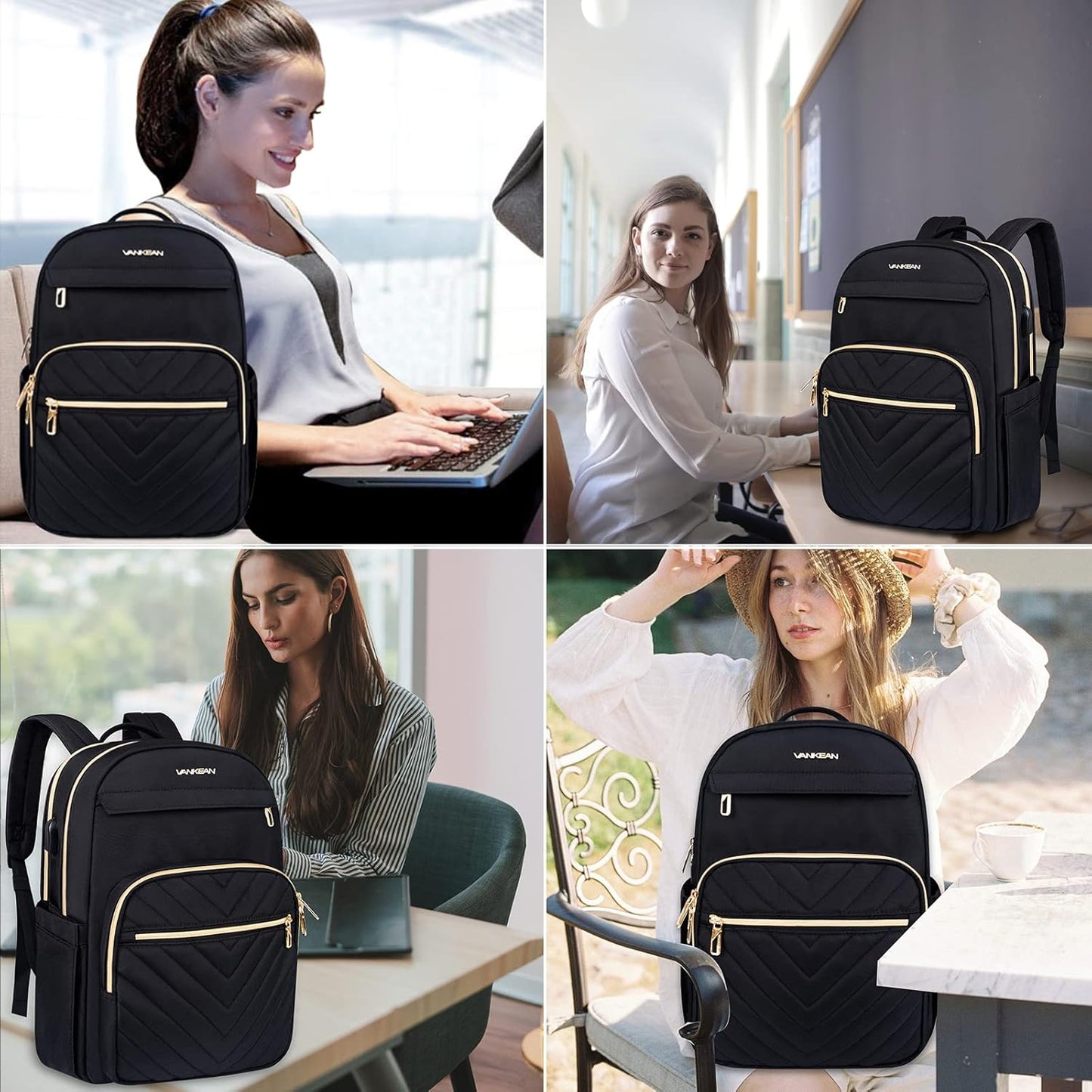 VANKEAN Laptop Backpack for Women Men Work Laptop Bag Fashion with USB Port, Daypacks for College, Business (Black, 15.6 Inch)