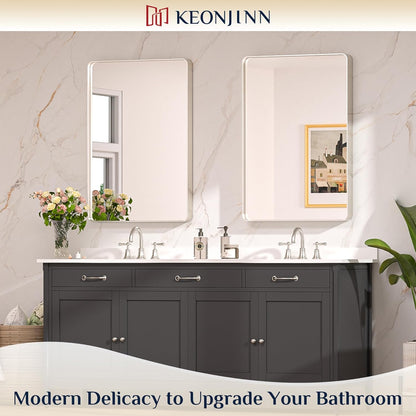 Keonjinn 42 x 36 Brushed Nickel Bathroom Vanity Mirror, Large Rounded Rectangle Bathroom Mirrors for over Sink, Metal Framed Silver Mirror for Wall, Shatterproof HD Tempered Glass(Horizontal/Vertical)