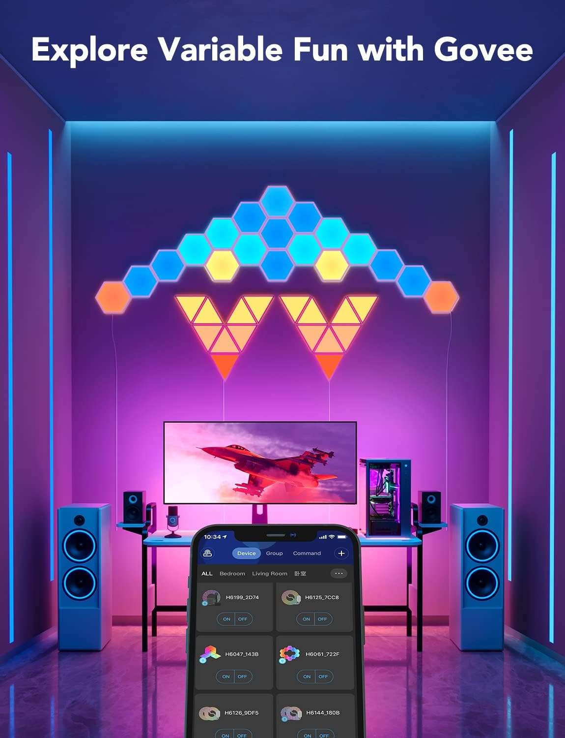Govee Glide Hexa Light Panels – RGBIC Hexagon Wall Light Panels 10-Pack – Smart Wi-Fi LED Modular Wall Lights with App Control, Music Sync & DIY Layout - PuriLite