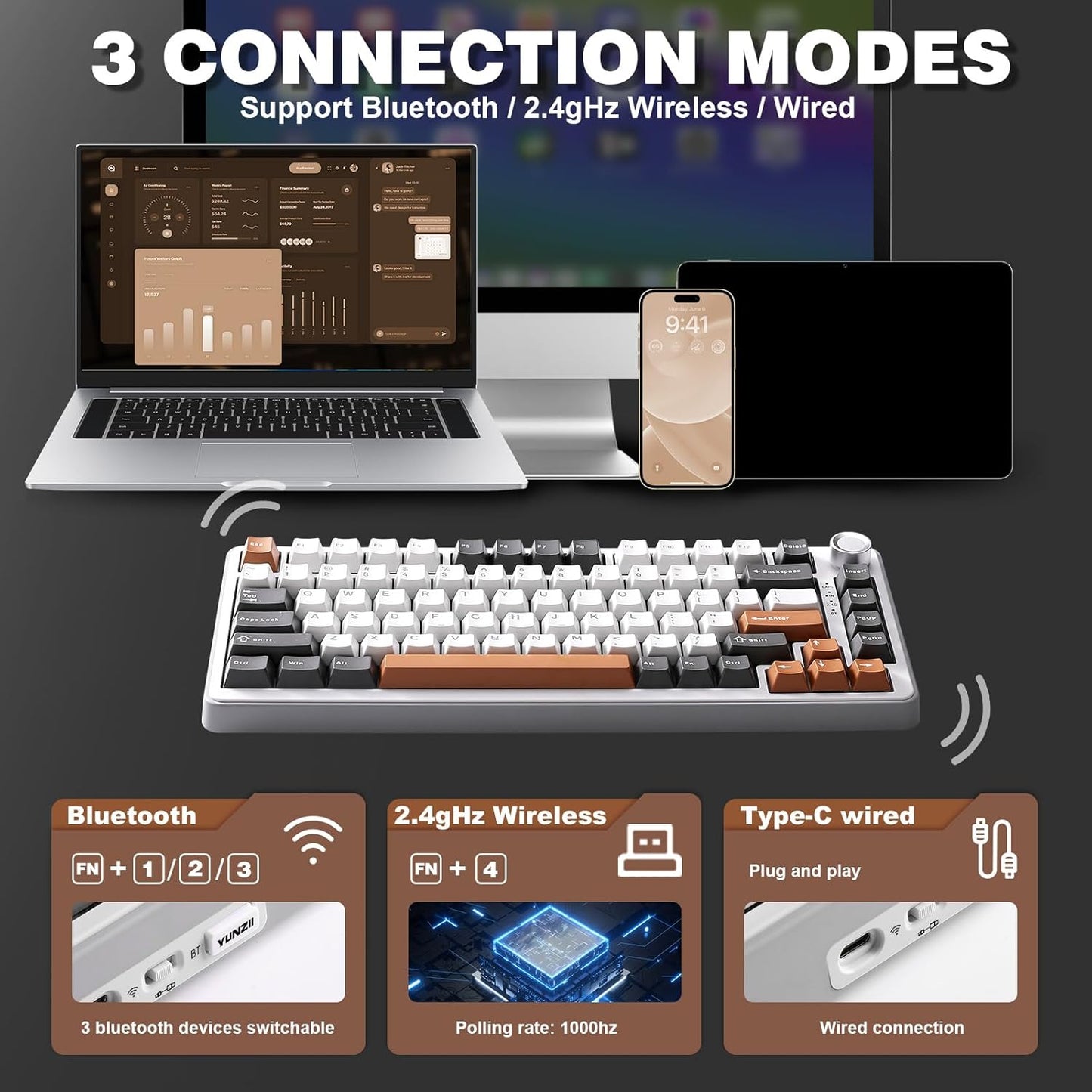 YUNZII B75 PRO Wireless Mechanical Keyboard – 75% Compact Layout with Knob, Hot-Swappable Creamy Switches, RGB Backlit, Tri-Mode Bluetooth/2.4G/Type-C for Windows & Mac – Grey - PuriLite