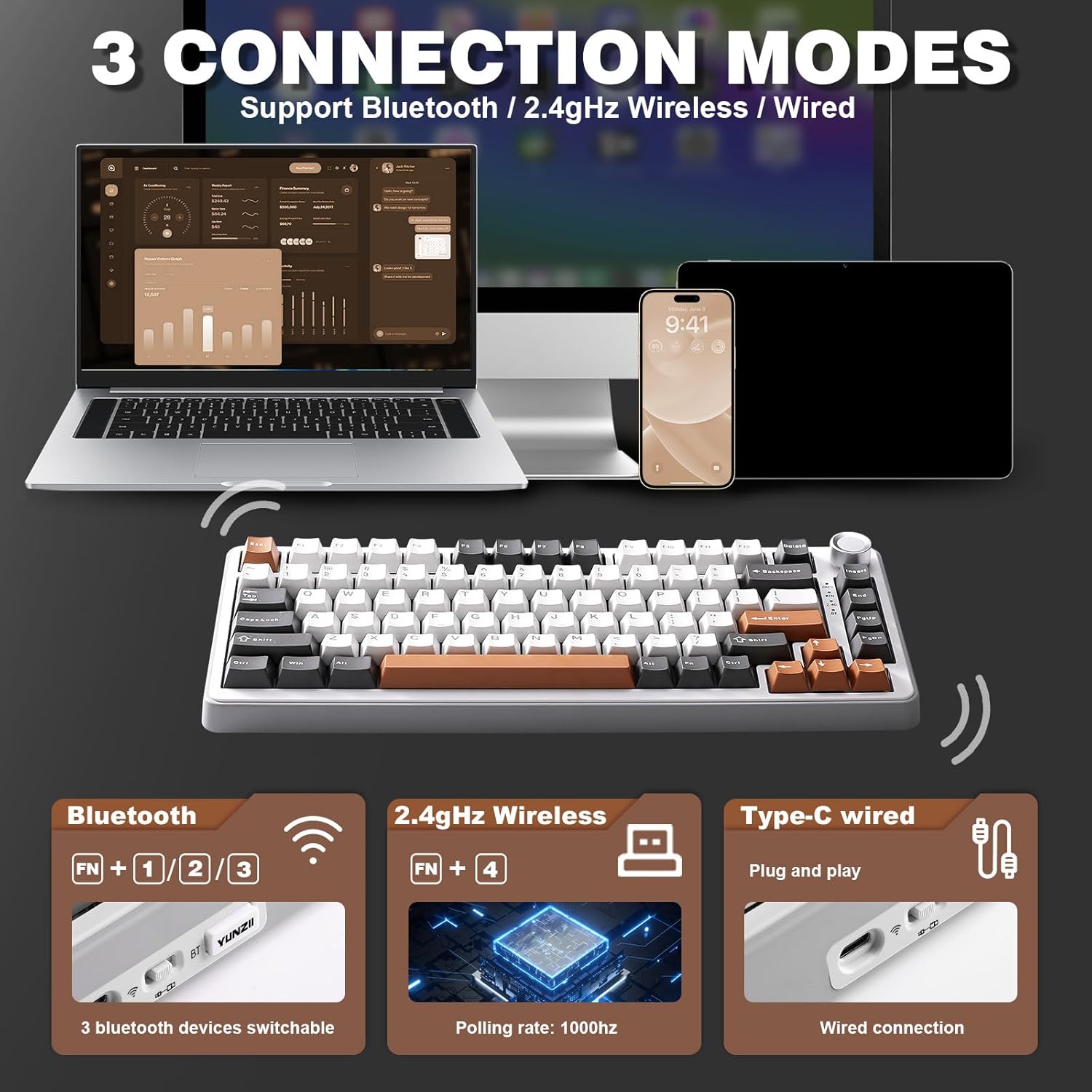 YUNZII B75 PRO Wireless Mechanical Keyboard – 75% Compact Layout with Knob, Hot-Swappable Creamy Switches, RGB Backlit, Tri-Mode Bluetooth/2.4G/Type-C for Windows & Mac – Grey - PuriLite