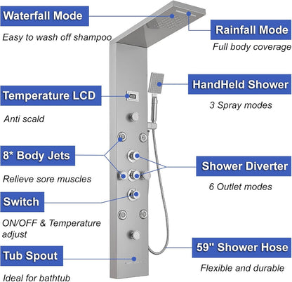 Bathfinesse Shower Tower Bathroom Shower Panel System Rain Massage System 6 in 1 Body Spray Jets Shower Wall Panels Rainfall Waterfall Shower Head Tub Spout with Temperature Display,Matte Black