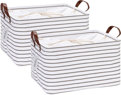 Hinwo 6-Pack Small Canvas Fabric Storage Baskets Set with Handles, Open Storage Bins, Cube Storage Organizer, Shelf Organizer Bins for Closet, 7.9L, 12 x 8 x 5 Inches, Grey Stripe