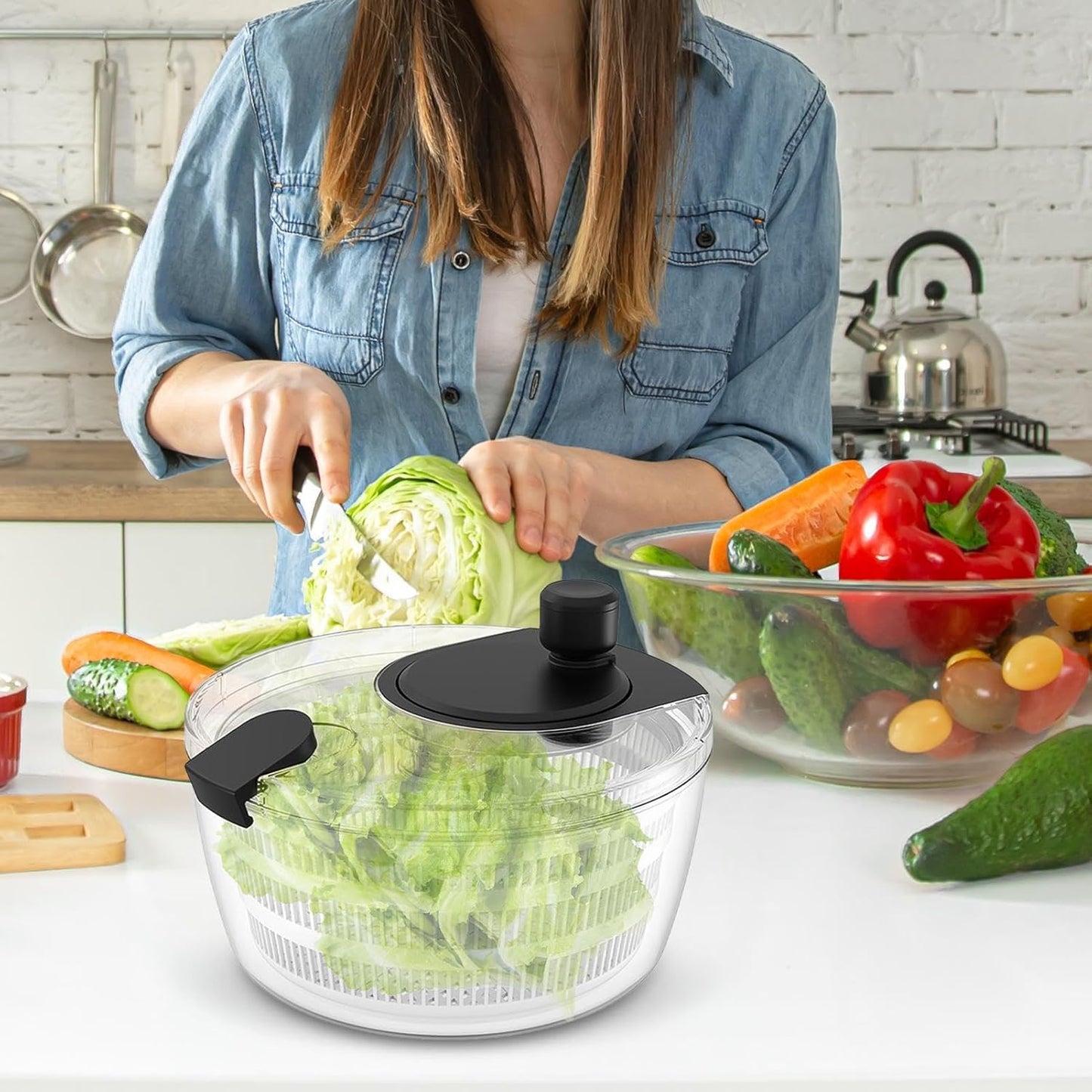 Manual Salad Spinner, Fruit Spinner and Strainer, Manual Lettuce Spinner with Secure Lid, Fruit Washer Spinner Bowl, Split Structure Lettuce Spinner with Bowl and Lid for Vegetable Fruit Dryer