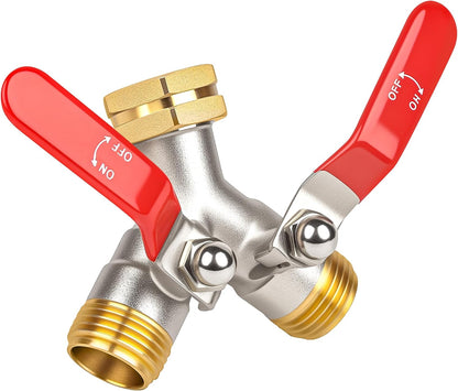 Hose Splitter 2 Way, Garden Hose Splitters, 3/4” GHT Inlet Brass Heavy Duty Hose Converter, Water 2 Way Faucet Hose Splitter, Long Handle Hose Valve Large Outlet.