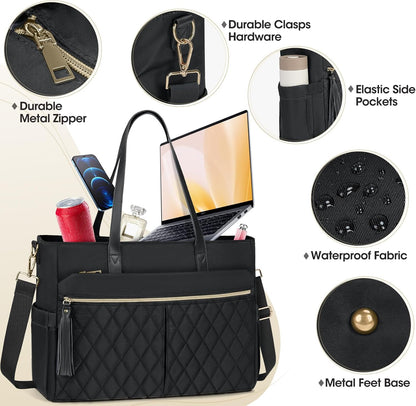 RAINSMORE Laptop Bag For Women 15.6 Inch Work Teacher Tote Bag Waterproof Nurse Bag Large Handbag Shoulder Travel Computer Messenger Bag Briefcase,Black - PuriLite