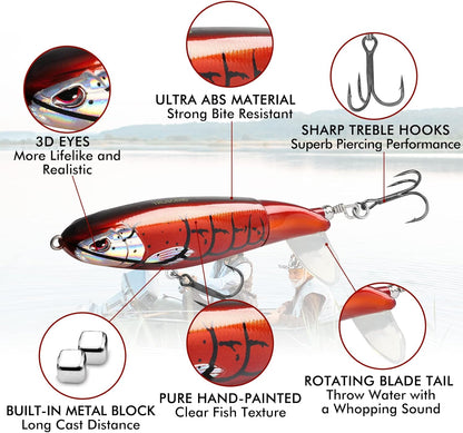 TRUSCEND PoPobait with BKK Hooks, Top Water Plopper Fishing Lures for Bass Walleye Pike Catfish Musky Perch, Floating Lure for Freshwater or Saltwater, Amazing Teasers Fishing Gifts for Family Fishing