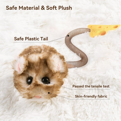 Migipaws Interactive MigiMouse Cat Toy 360° Rolling & Spin with Wiggling Tail for Indoor Cats Smart Motion Sensor, Realistic Squeak, Rechargeable Plush Kitten Toy (Brown Long Plush)