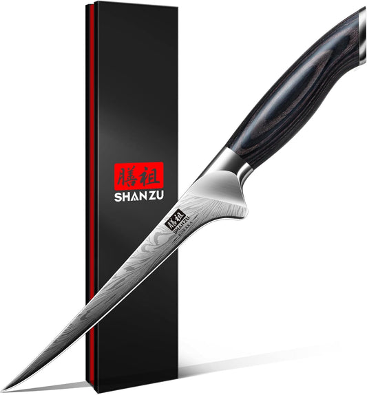 SHAN ZU Fillet Knife 7 Inch, Powder Steel Boning Knife High Carbon Japanese Filleting Knife, Ultra Sharp Deboning Knife for Meat Cutting, Fish Knife with Ergonomic Pakkawood Handle