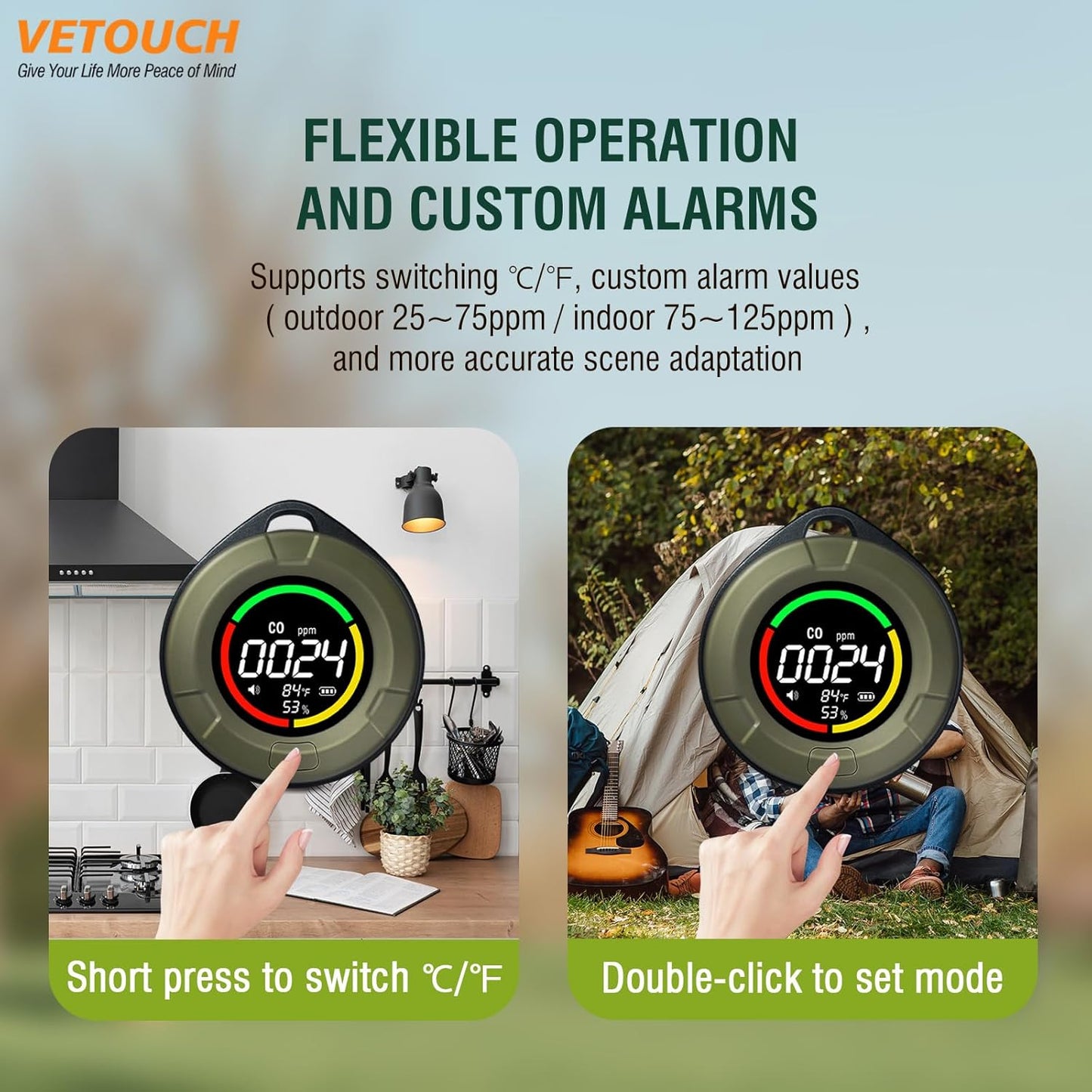 Portable Carbon Monoxide Detector, 3 in 1 CO/Temperature/Air Humidity MeterDetector with Round HD LCD Display, Portable CO Detector for Home, Camping and Travel