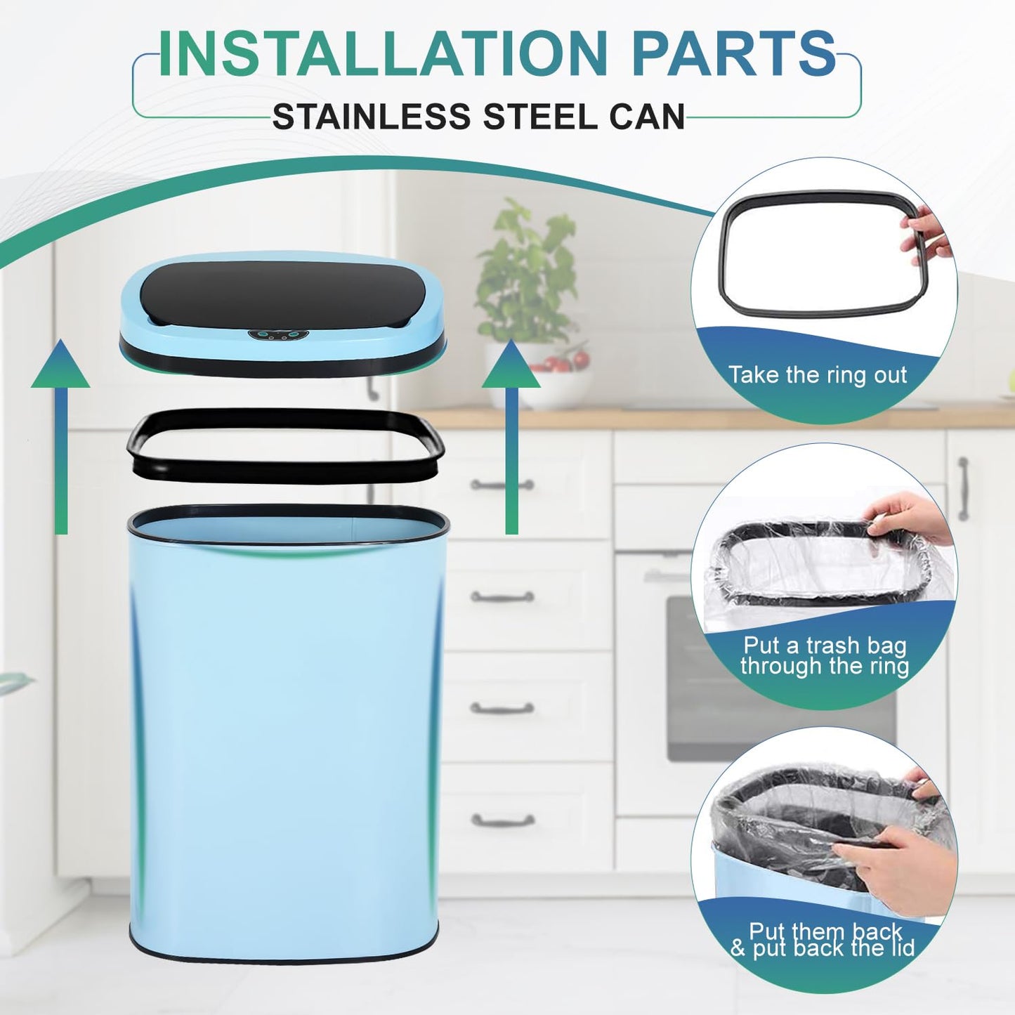 13 Gallon Sensor Garbage Can Stainless Steel Kitchen Garbage Can with Lid Antomatic Garbage can for Kitchen Office Bedroom Bathroom Living Room,Black