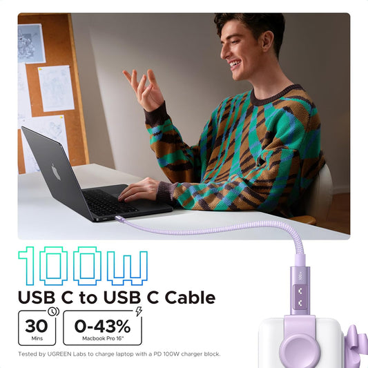 UGREEN Uno USB C Cable 100W USB C to USB C 20V 5A Fast Charging Type C to C Cord Compatible with iPhone 16 15 Series, MacBook Pro Air, Galaxy S25 S24 A54, Pixel 9, iPad, Purple, 6ft - PuriLite