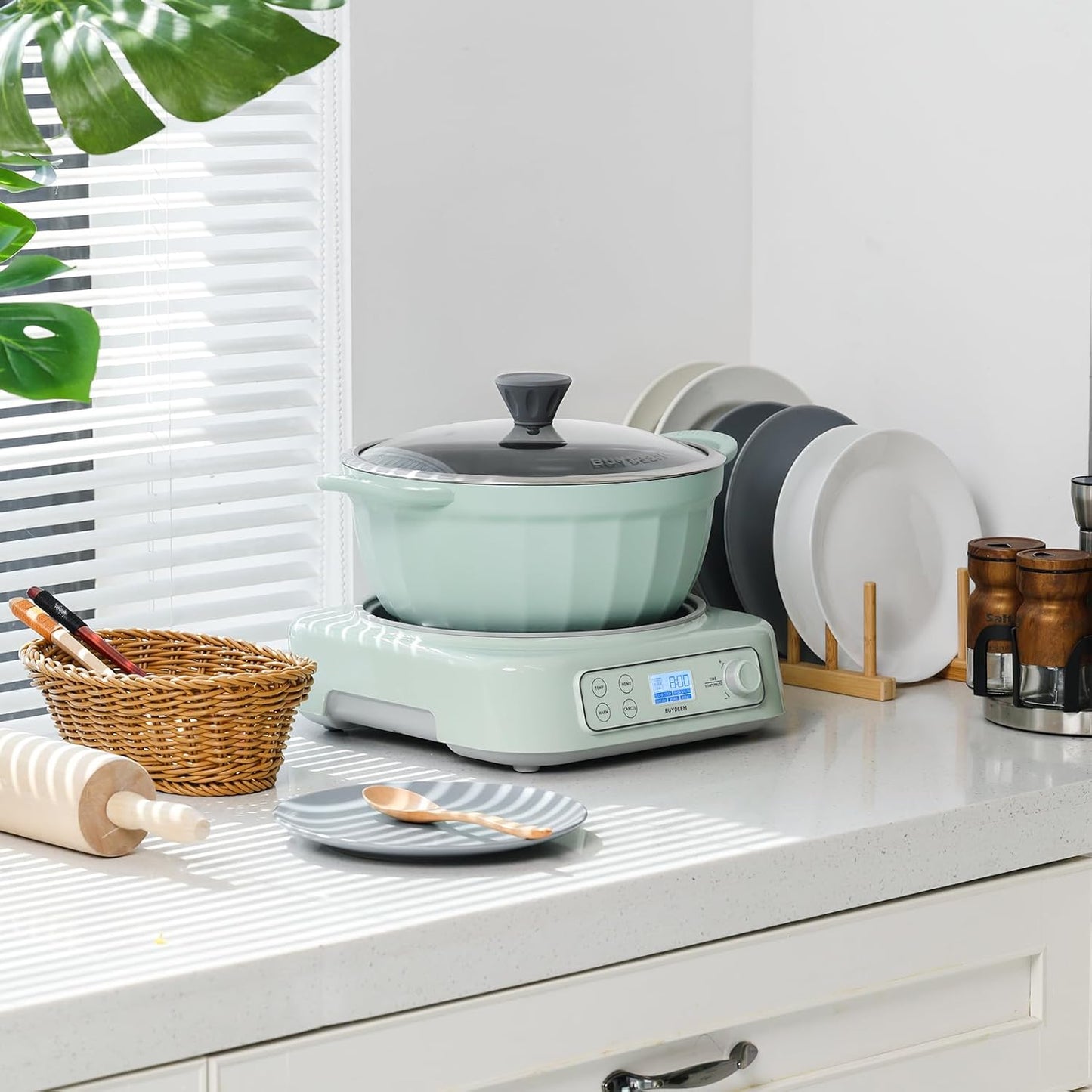 BUYDEEM LP55 5-in-1 Slow Cooker, Compatible with Various Cookwares, Multi-Cooker with Two Temperature Settings, Auto Keep Warm for 2H, Cozy Greenish, No Pot Included