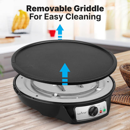 NutriChef Electric Crepe Maker, Cooks Roti, Tortillas, Pancakes, Nonstick Cooktop, 8-inch Cook Area On/Off Switch, Automatic Temperature Control & Cool Touch Handle, Includes Food Bowl, Whisk, Spatula