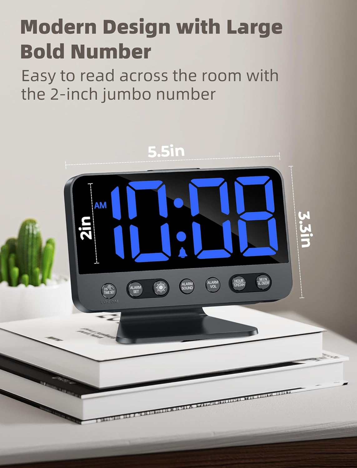 Odokee Digital Alarm Clocks for Bedrooms: Large Bold Number 5 Brightness Dimmer - Easy to Read Across The Room - 5 Alarm Sound 8 Night Light - Silver