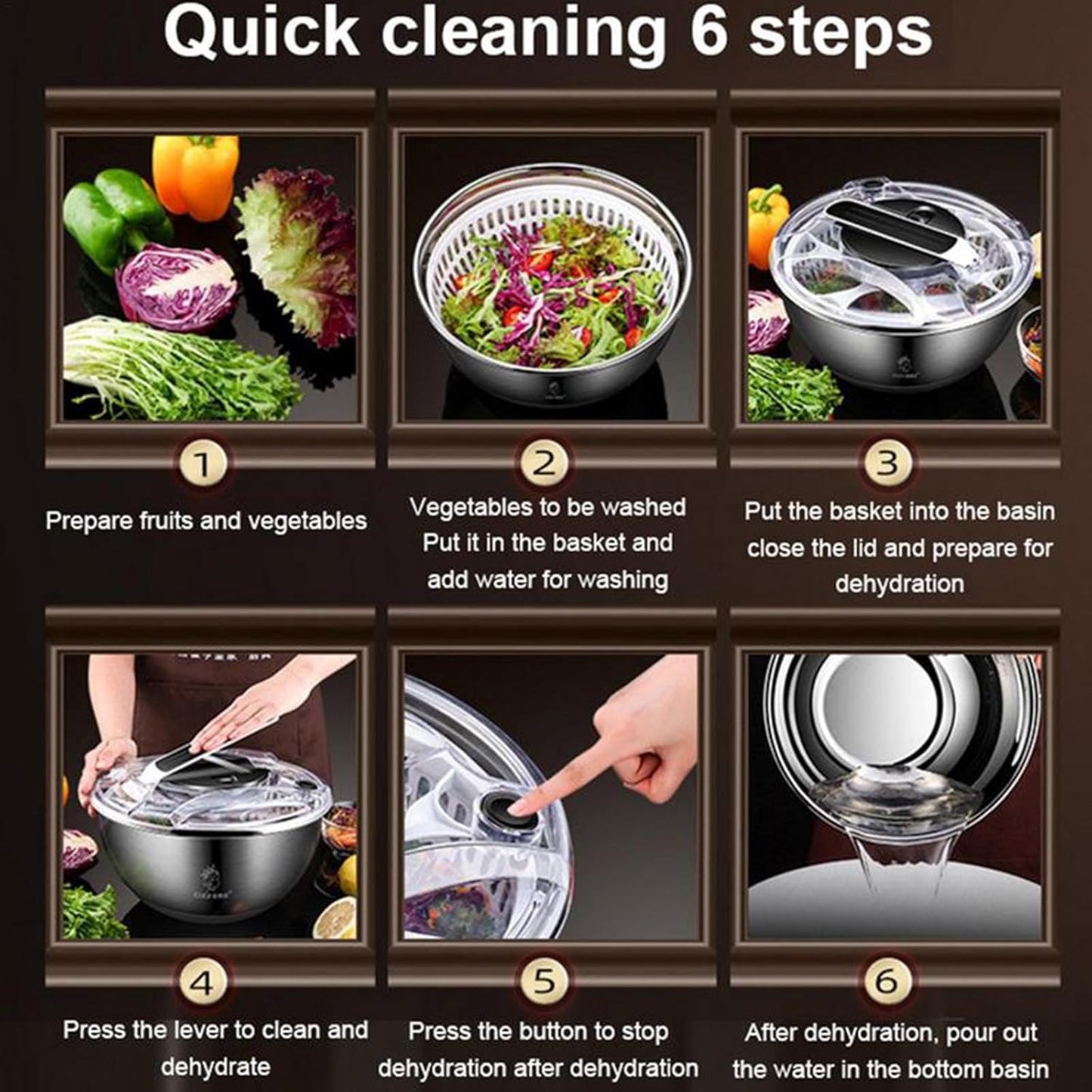 UGCER Salad Spinner, Stainless Steel Fruit and Vegetable Spinner, Manual Fruit Dehydrator Spin Dryer Dehydration Basket Spinner, Drain Basket