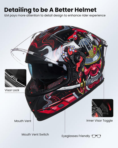 ILM Motorcycle Helmet Full Face with Pinlock Compatible Clear&Tinted Visors and Fins Street Bike Motocross Casco DOT(Armor Red, Large)