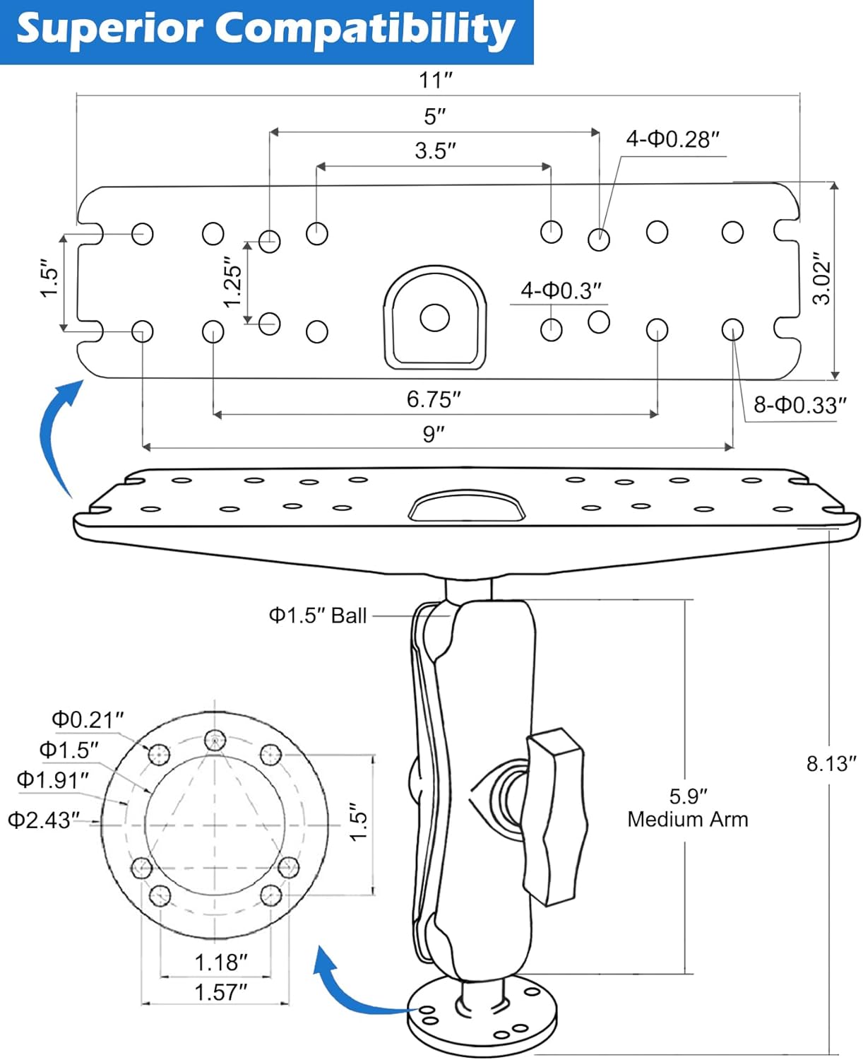 WINDFRD 1.5" Ball Fish Finder Mount for 9" to 12" Large Fishfinder, Marine Electronic Depth Finder Mount with C Size Ball, Compatible with Garmin, Lowrance, Humminbird and More