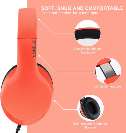 LORELEI X6 Over-Ear Wired Stereo Bass Headphones with Microphone, Lightweight, Foldable & Portable with 1.45M No-Tangle for Smartphone, Tablet, MP3/4, Space Black