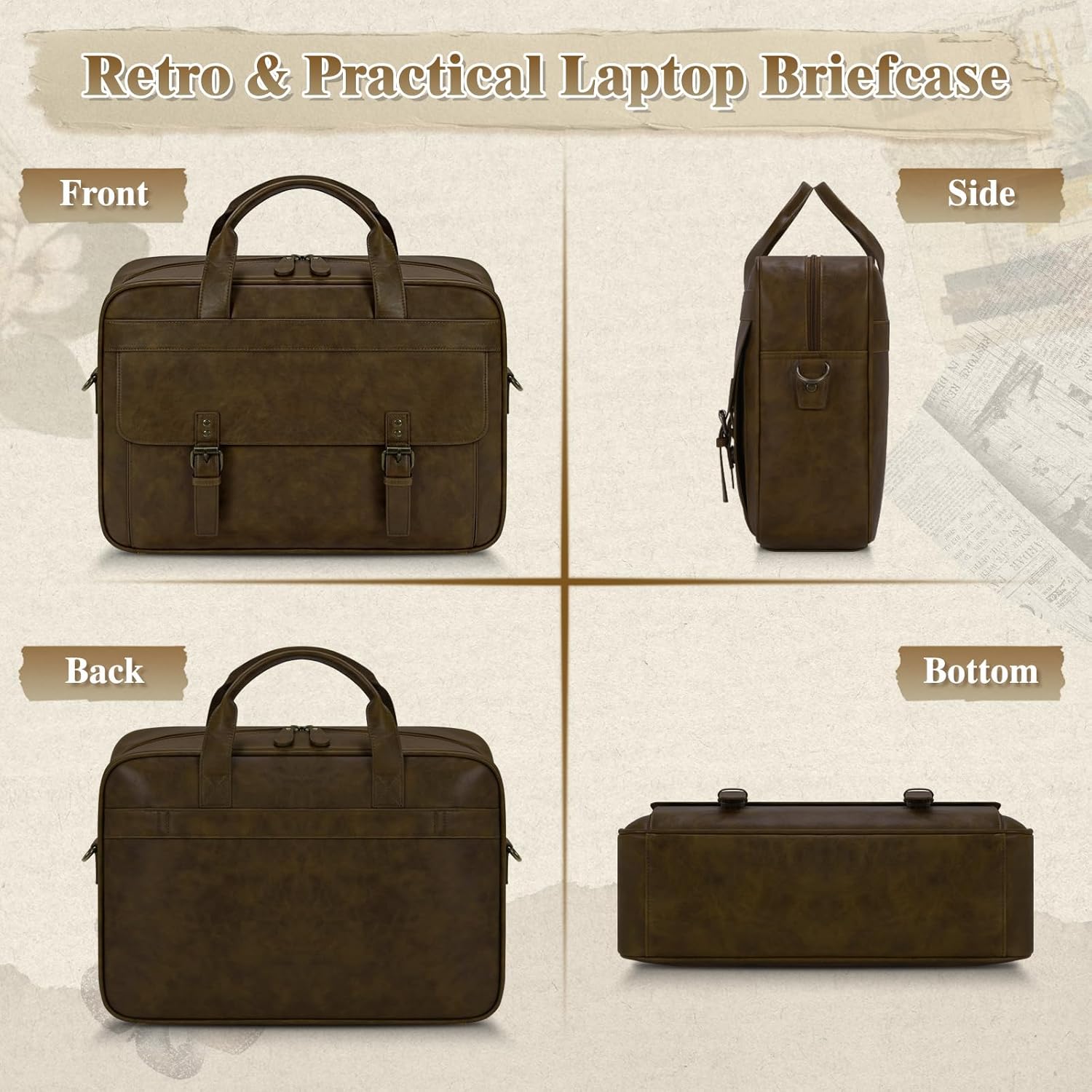 RAINSMORE Messenger Bag for Men 16 Inch Laptop Bag Vintage Leather Waterproof Laptop Briefcases Large Computer Satchel Bag - PuriLite