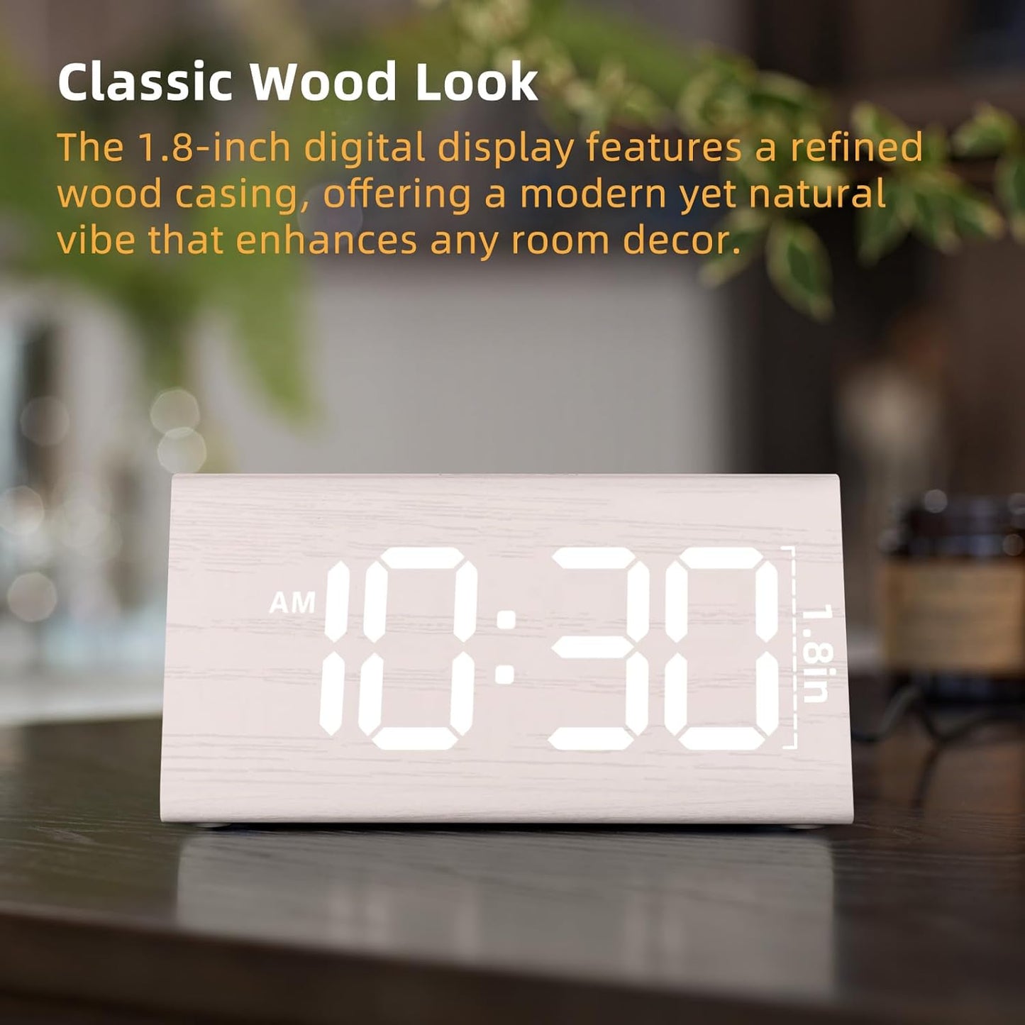 Odokee Wooden Digital Alarm Clock for Bedroom: Electric Desk Clock with Large LED Display - Brown