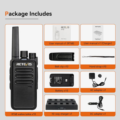Retevis RT68H 2 Way Radios Long Range with 10 Way Charger,Walkie Talkies Rechargeable for Adults,Easier Charging,Easier Management,LED Display, Keypad Lock,Hands Free Compact Walkie Talkie (10 Pack)