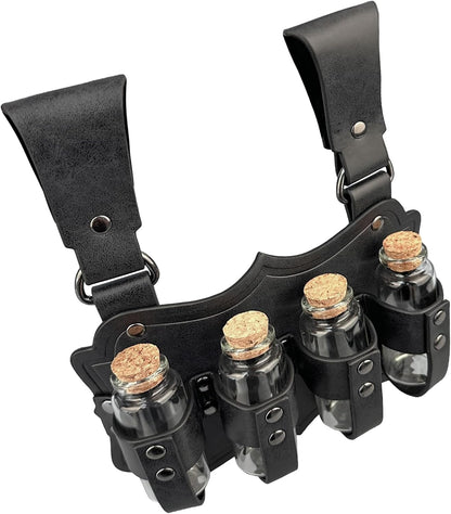 HiiFeuer Medieval Embossed Alchemy Faux Leather Buckle Belt with 4 Cork Vials, Fantasy Wizard Potion Bottles Belt