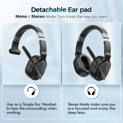 Trucker Bluetooth Headset, Wireless Headsets with Noise Cancelling Microphone, 40+Hrs HD Talktime Bluetooth Headphones with Detachable Earpad/Single+Dual Mode for Office/Driving/Home
