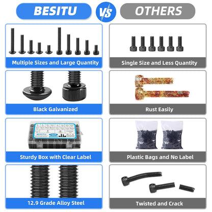 Besitu 1600Pcs M3 Screw Kit, 12.9 Grade Alloy Steel Hex Socket Button & Cap Head Metric Screw Assortment M3 Bolts and Nuts Washers Kit Black Small Machine Screw Set for 3D Printing