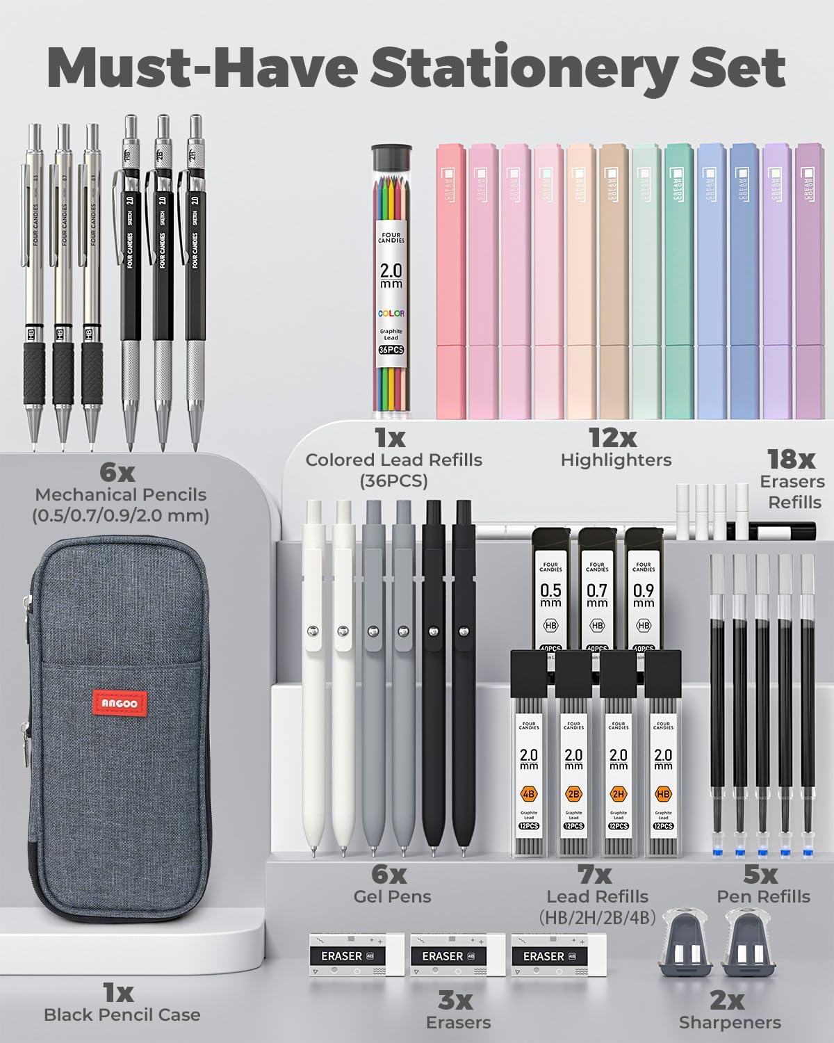 Four Candies School Supplies with Pencil Case, 45ct Black | Back to School Stationery Set, Essentials for College & Nursing Students, 6 Gel Pens, 6 Mechanical Pencils, 12 Highlighters